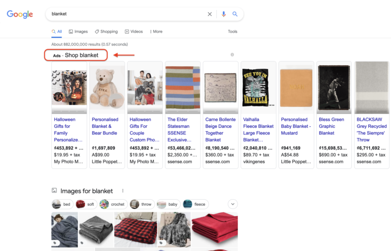 Google Shopping ads for keyword ‘blanket’