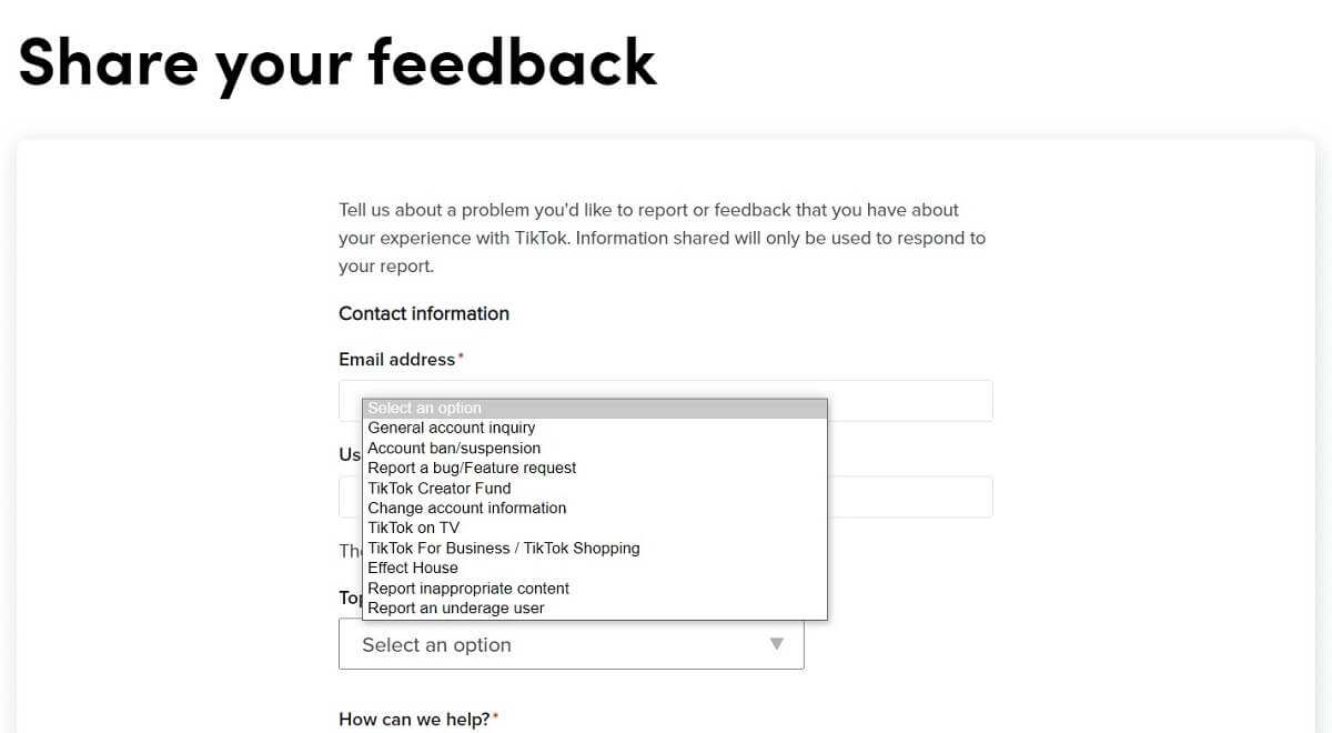 TikTok feedback form