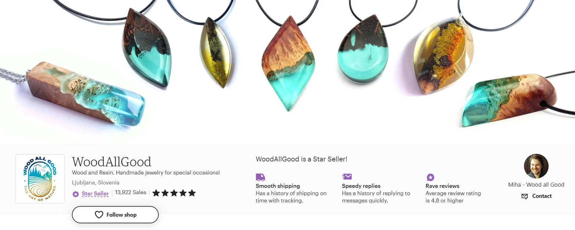 WoodAllGood uses a stunning photo of wood and handcrafted jewelry on its banner