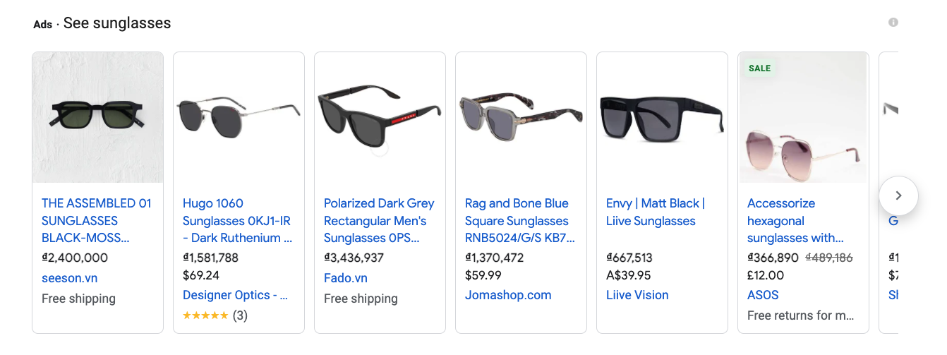 Example of sunglasses shopping ads