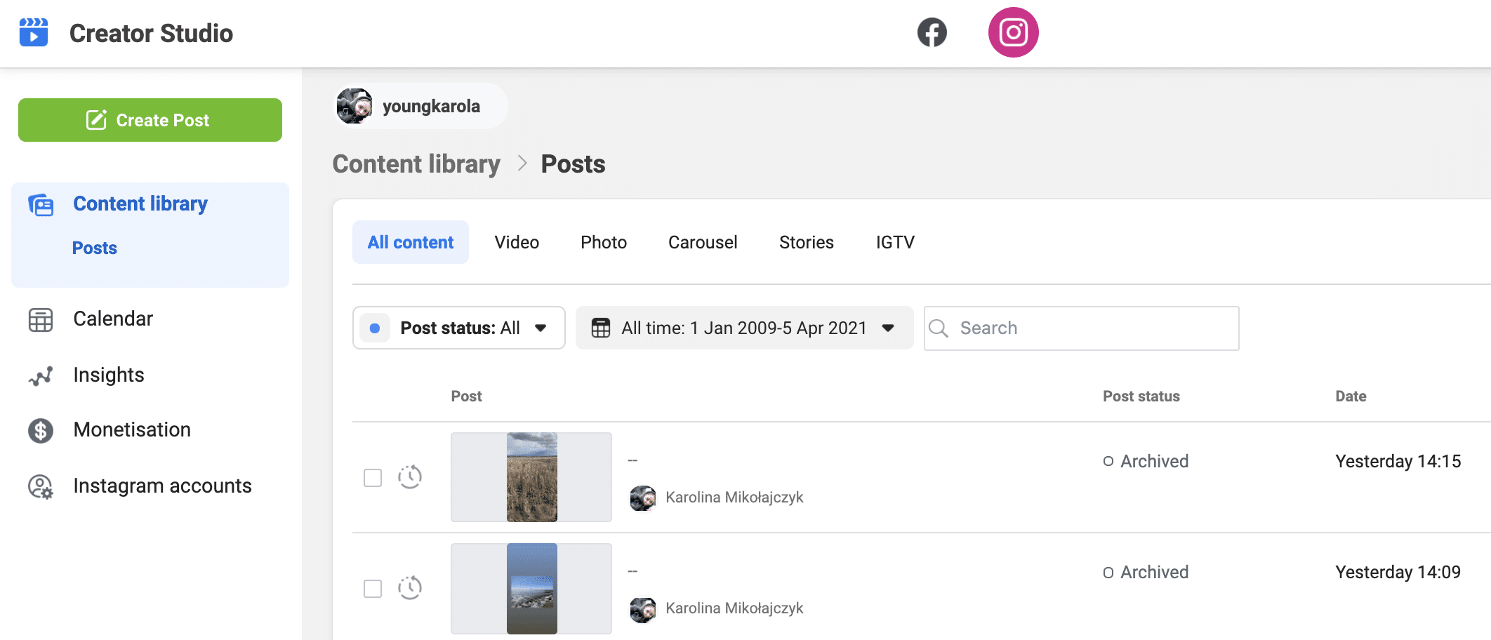 Instagram Content Creator’s overview dashboard