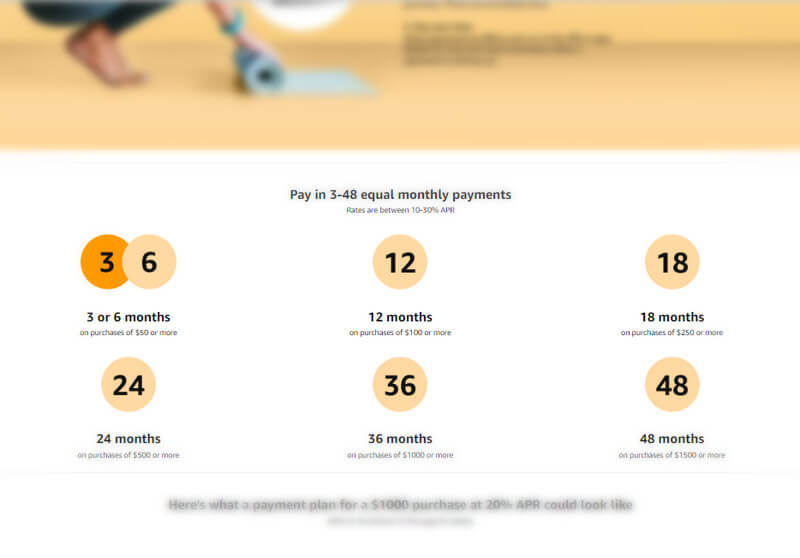 According to Amazon, you will pay from 3 to 48 equal monthly payments with APR rates ranging from 10-30%