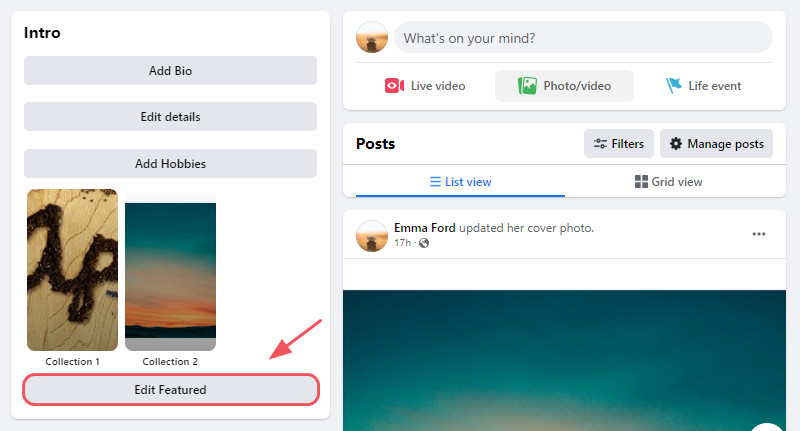 Select the “Edit featured” button and press it to add Facebook featured photos