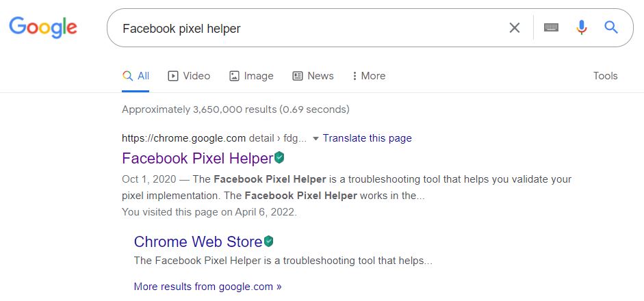 Type “Facebook Pixel Helper extension” on Google and click on the first link