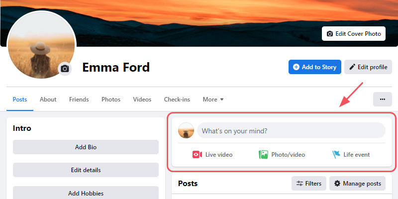 You can share articles, thoughts, images via the status frame