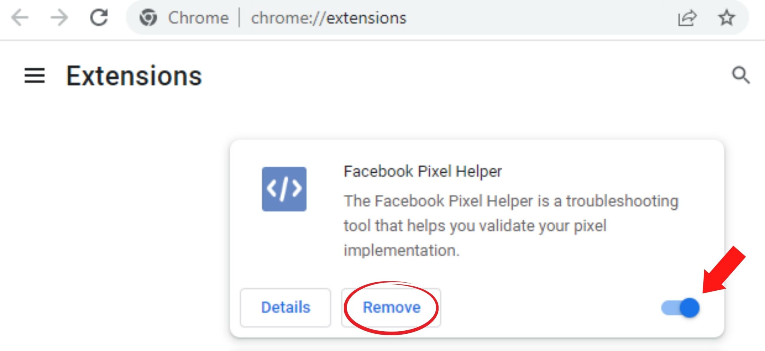 You can uninstall the Facebook Pixel Helper completely by clicking “Remove”
