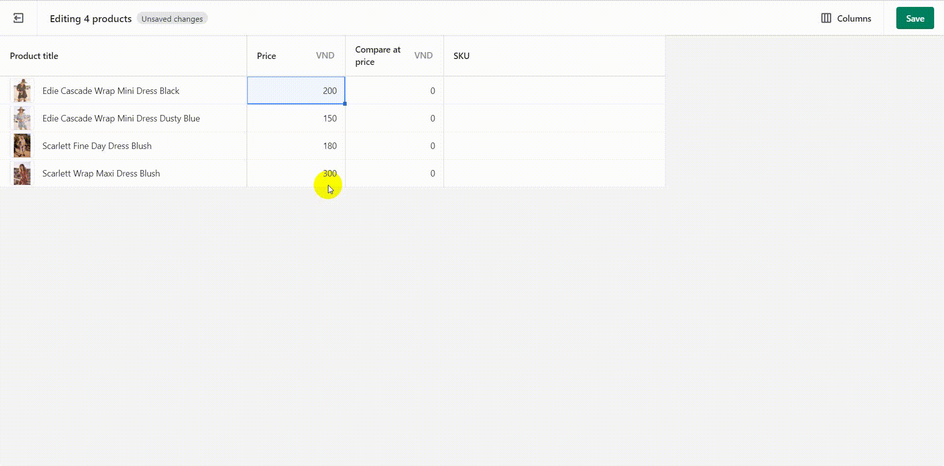 Copy all the values from “Price” and paste them on “Compare At Price”