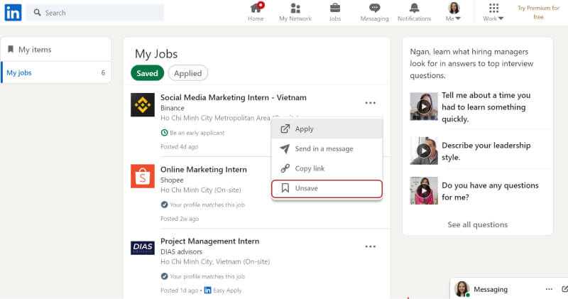 Click the "Unsave" button to remove a job from your "Saved Jobs."