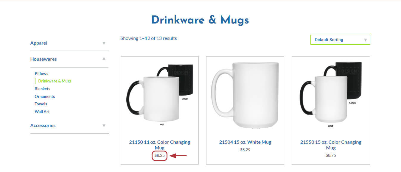 Each white-label product’s price is clearly displayed on the CustomCat website.