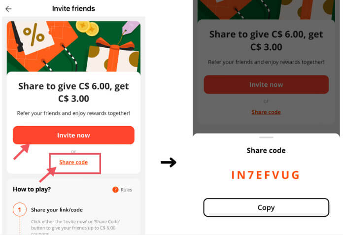 2 choices to send invite code to your friends