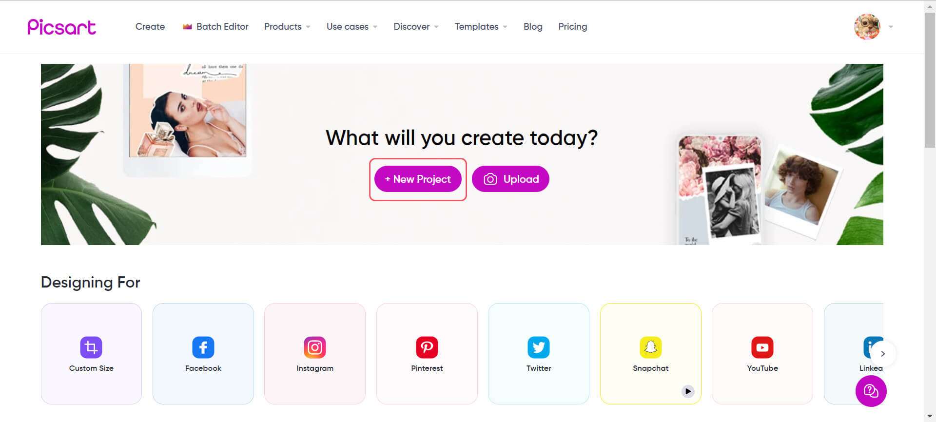 Picsart Editor app homepage