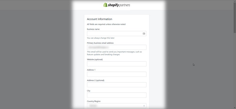 Enter Required Information to become a Shopify Partner