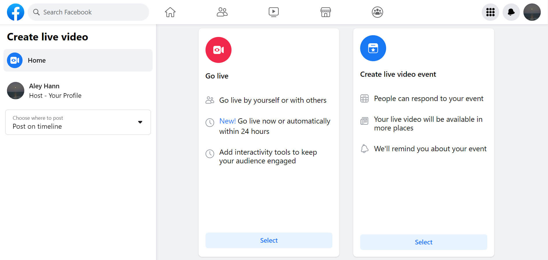 Choose “Go live” or “Create live video event”
