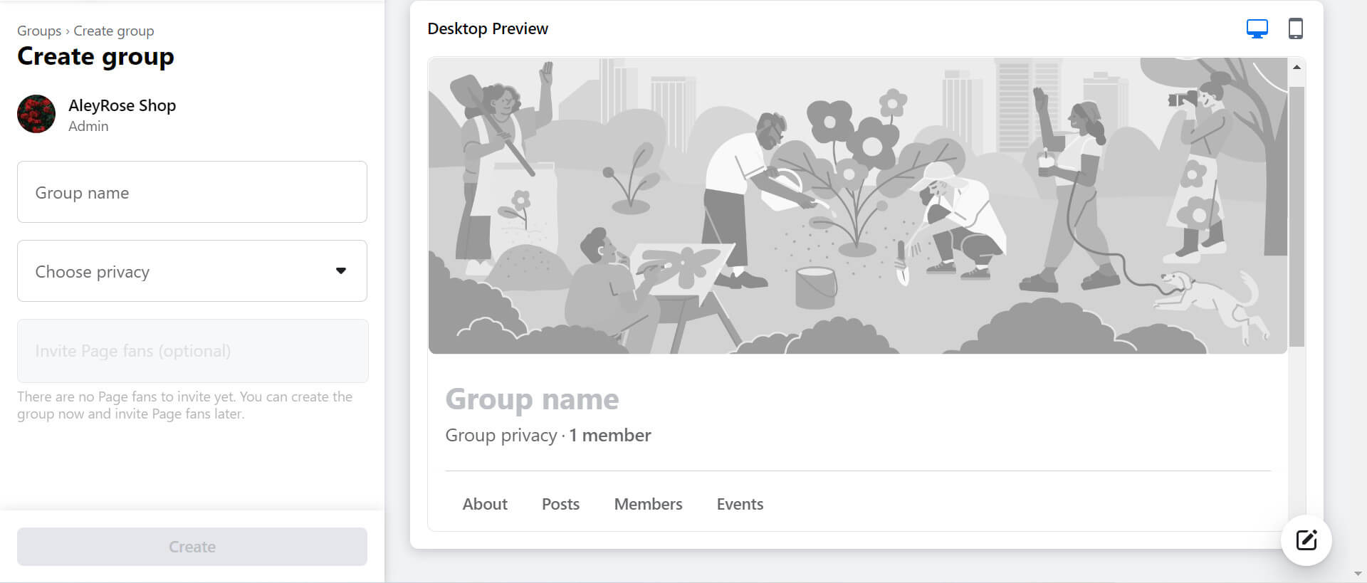 Choose the privacy level and name your group