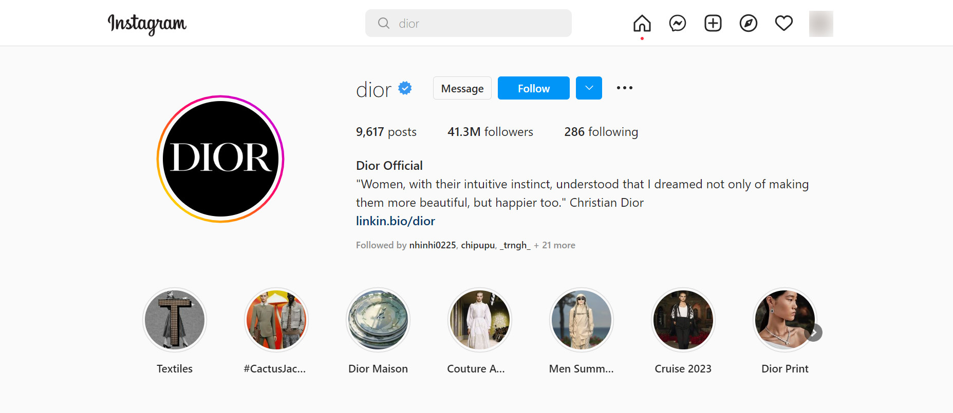 Dior shows how to organize their highlight cover for Instagram consistently