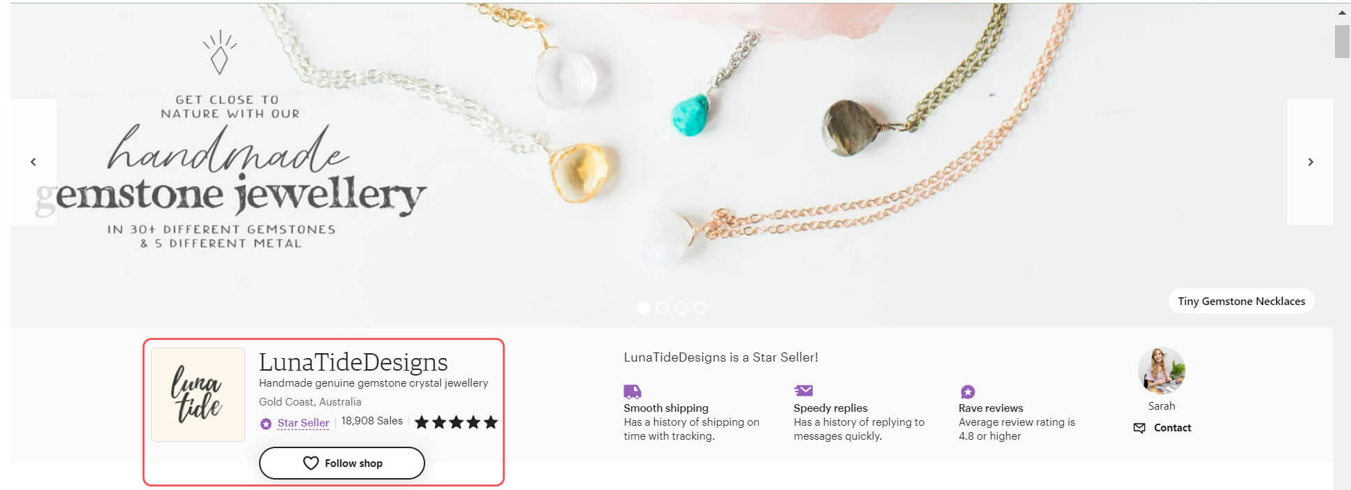LunaTideDesigns features their jewelry in the cover image and uses their brand font in the shop icon
