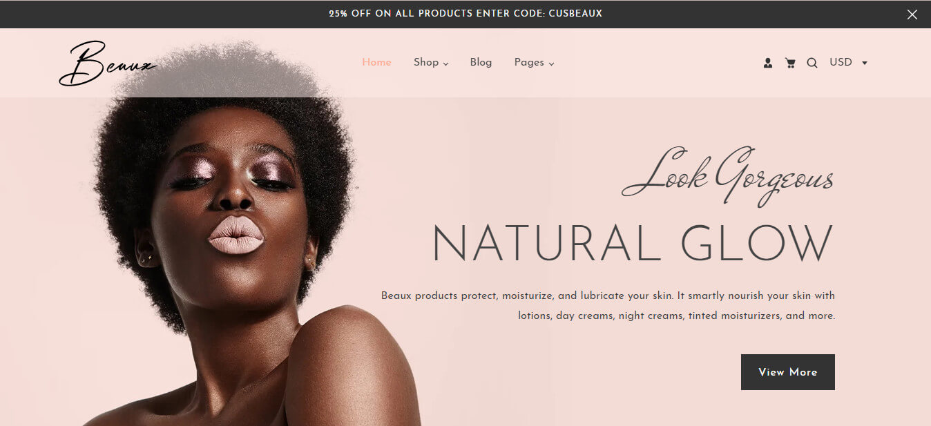 Beaux is a subscription Shopify theme for selling cosmetics and beauty subscriptions.