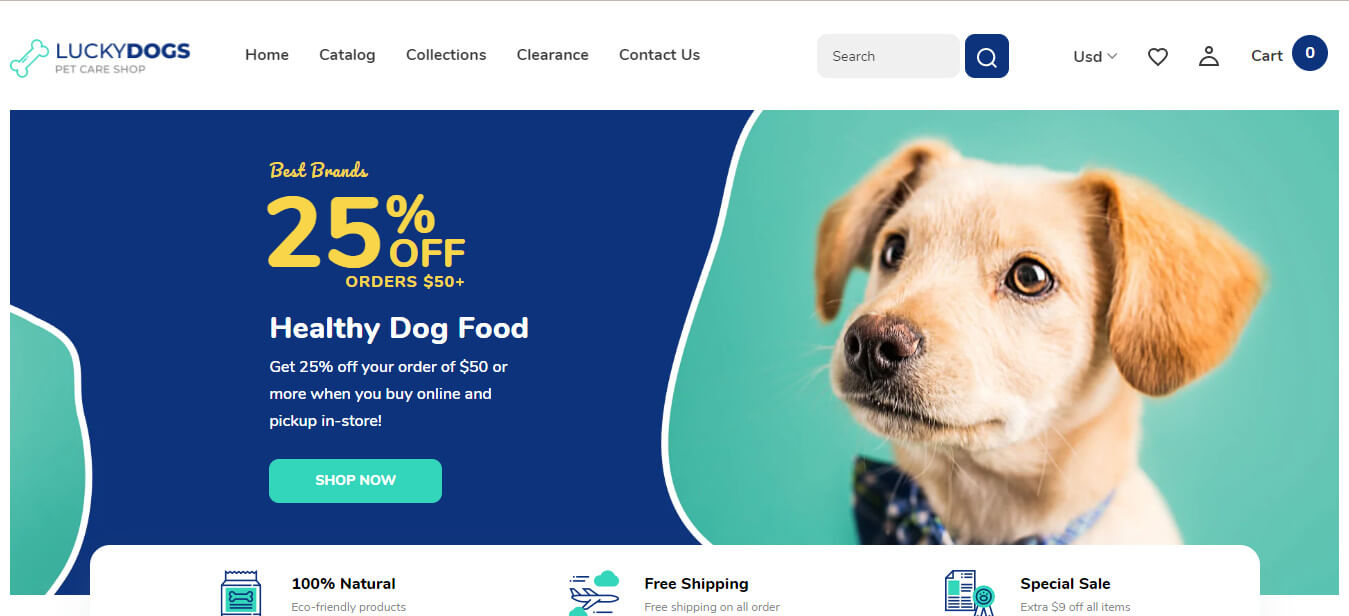 The ideal Shopify subscription theme for a pet-store-related subscription business is LuckyDogs.