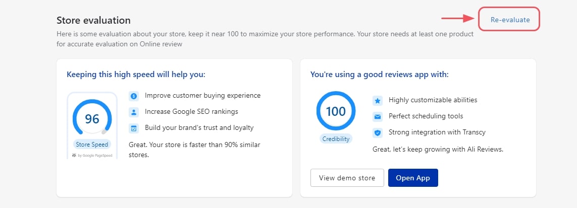 Choose Re-evaluate to test your Shopify speed score again
