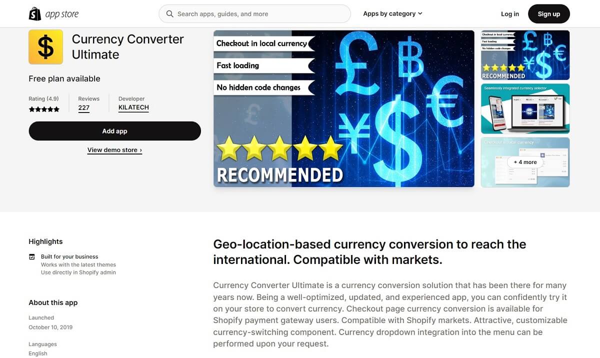 Currency Converter Ultimate by Kilatech is another great Shopify free currency converter app