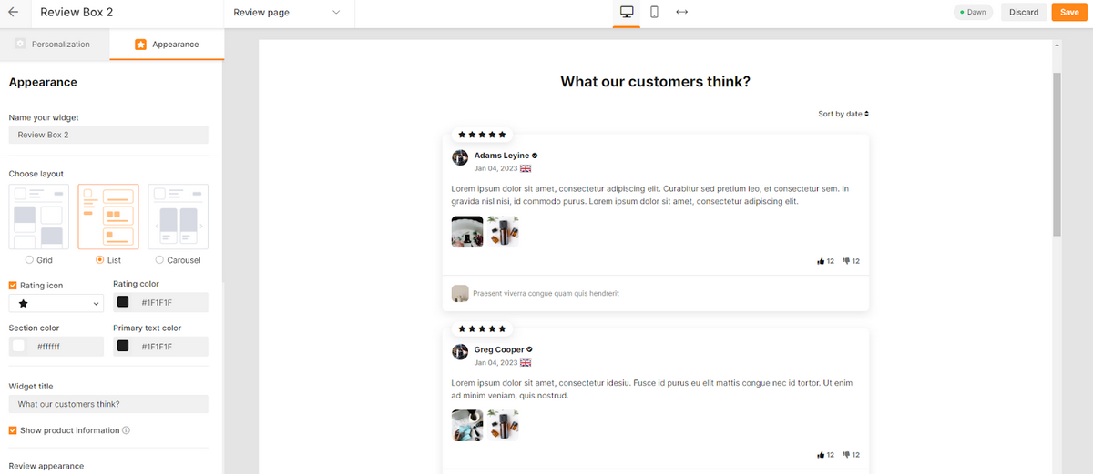 Shopify review page