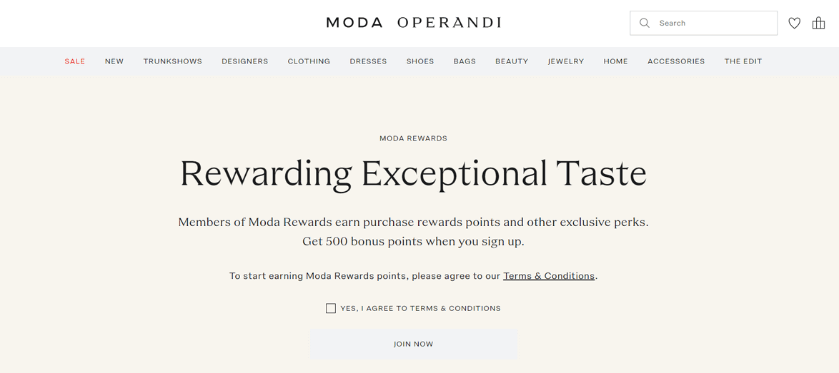 Moda Rewards is among the best luxury loyalty programs that use the classic earn-and-burn point structure