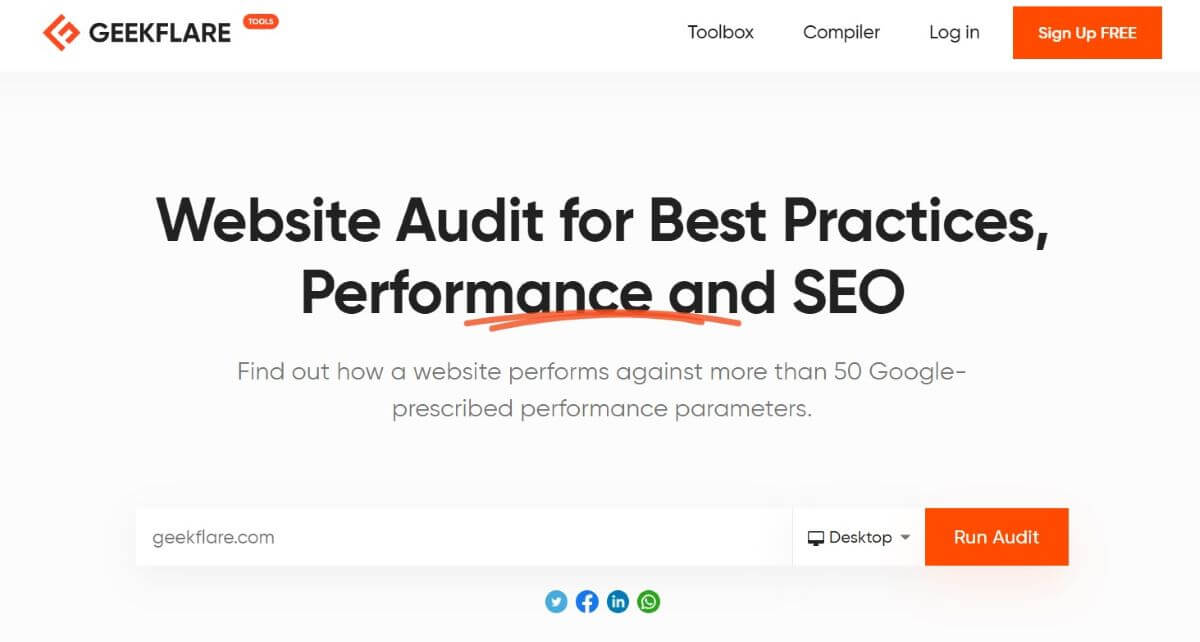 Geekflare Website Audit is a straightforward website speed test that uses Google Lighthouse