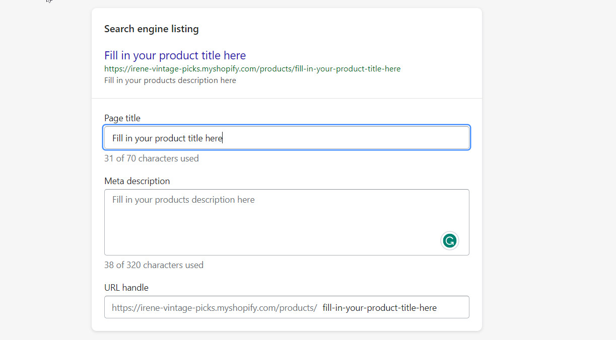 Edit search engine listing information for your Shopify products
