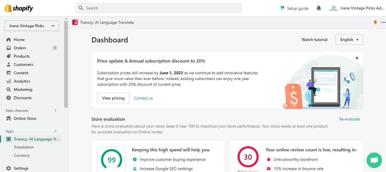 find transcy in your shopify dashboard