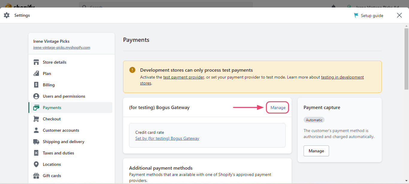Choose Manage in the Payments section in Shopify