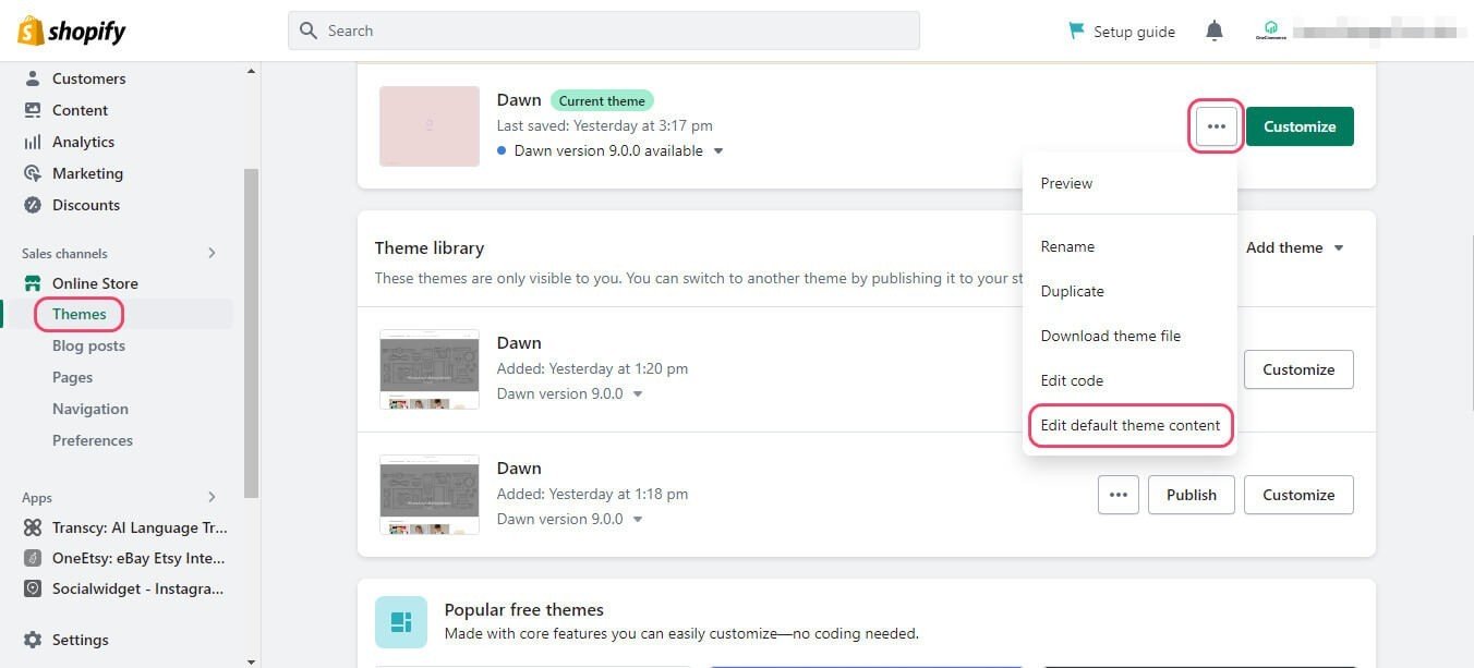 edit default theme content in shopify
