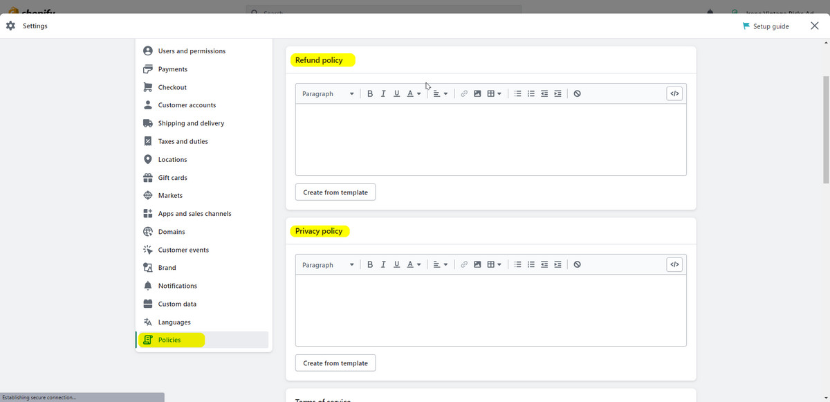 refund policy and privacy policy in shopify