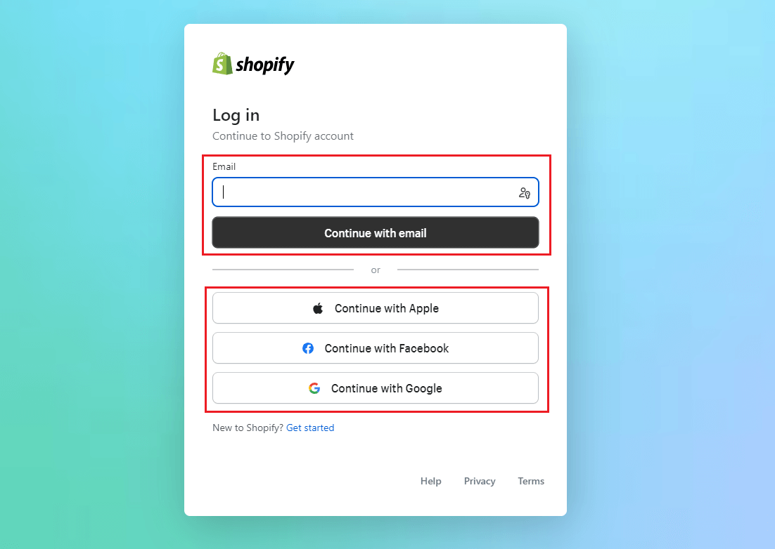 shopify log in via email or third-party services