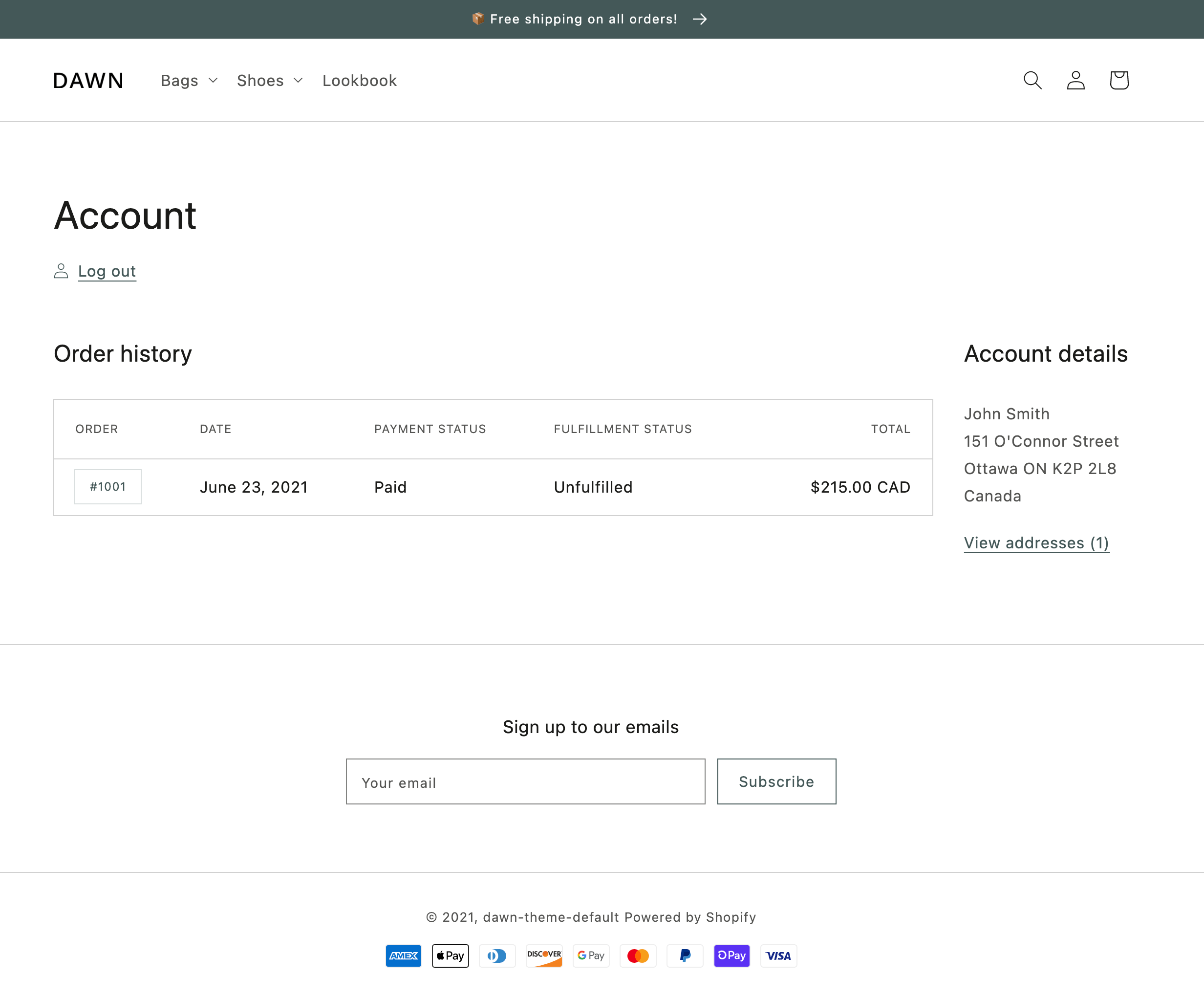 shopify customer account example