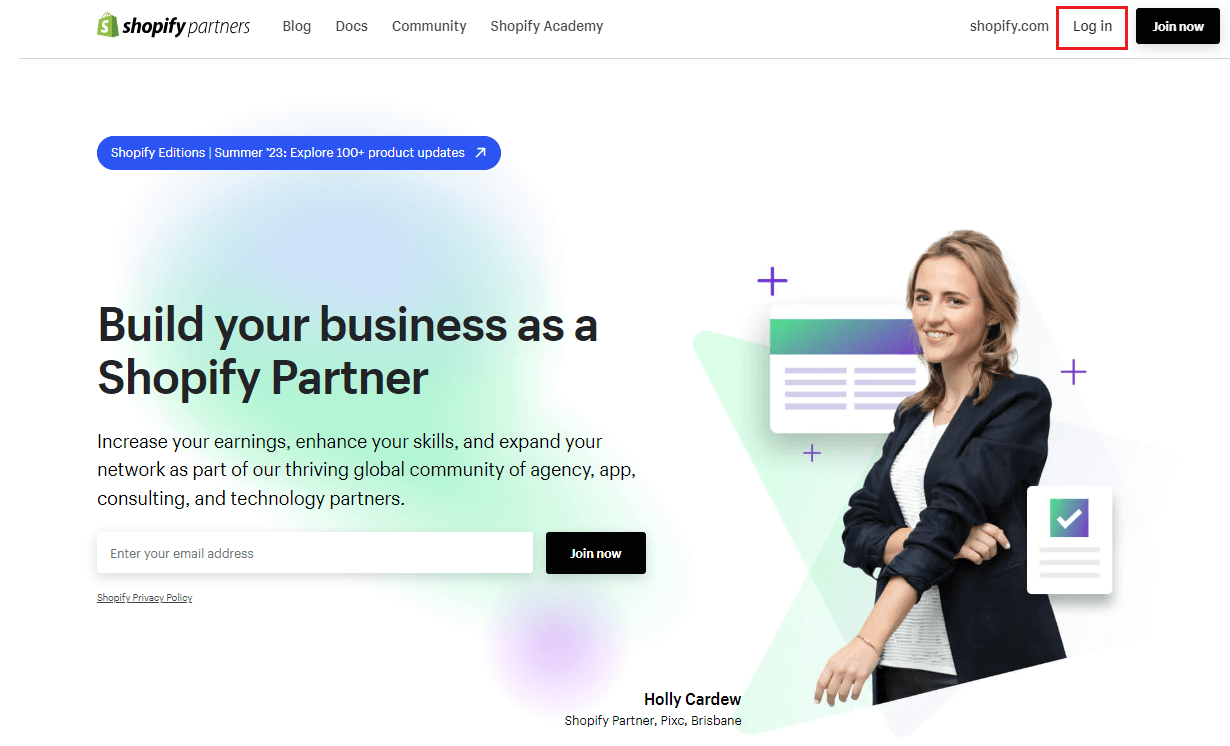 shopify partners landing page