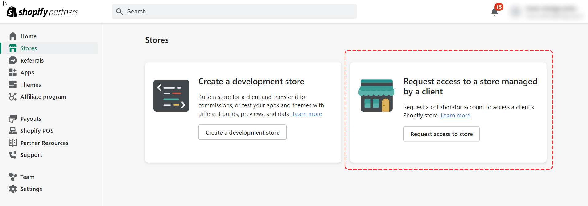 request access to other store in shopify partner dashboard