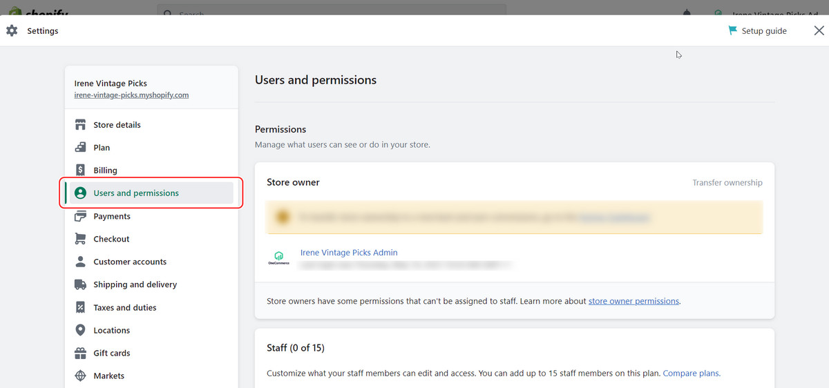 users and permissions in shopify settings