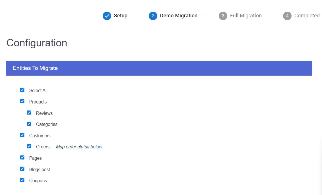Choose migration entities - woocommerce to shopify