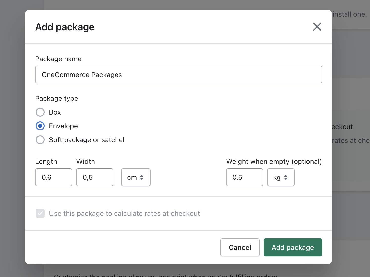 add shopify shipping packages