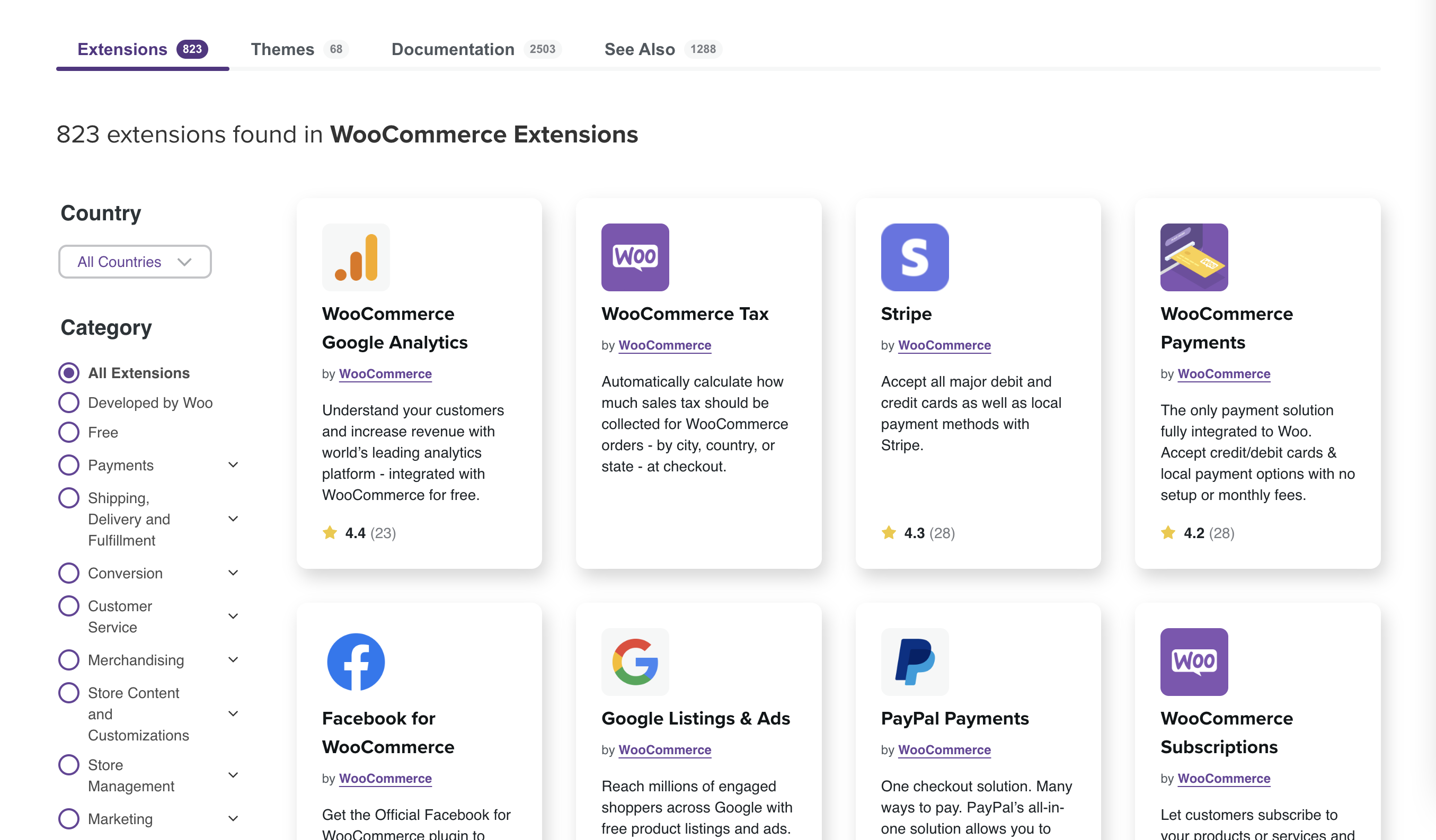 WooCommerce Extensions Store page