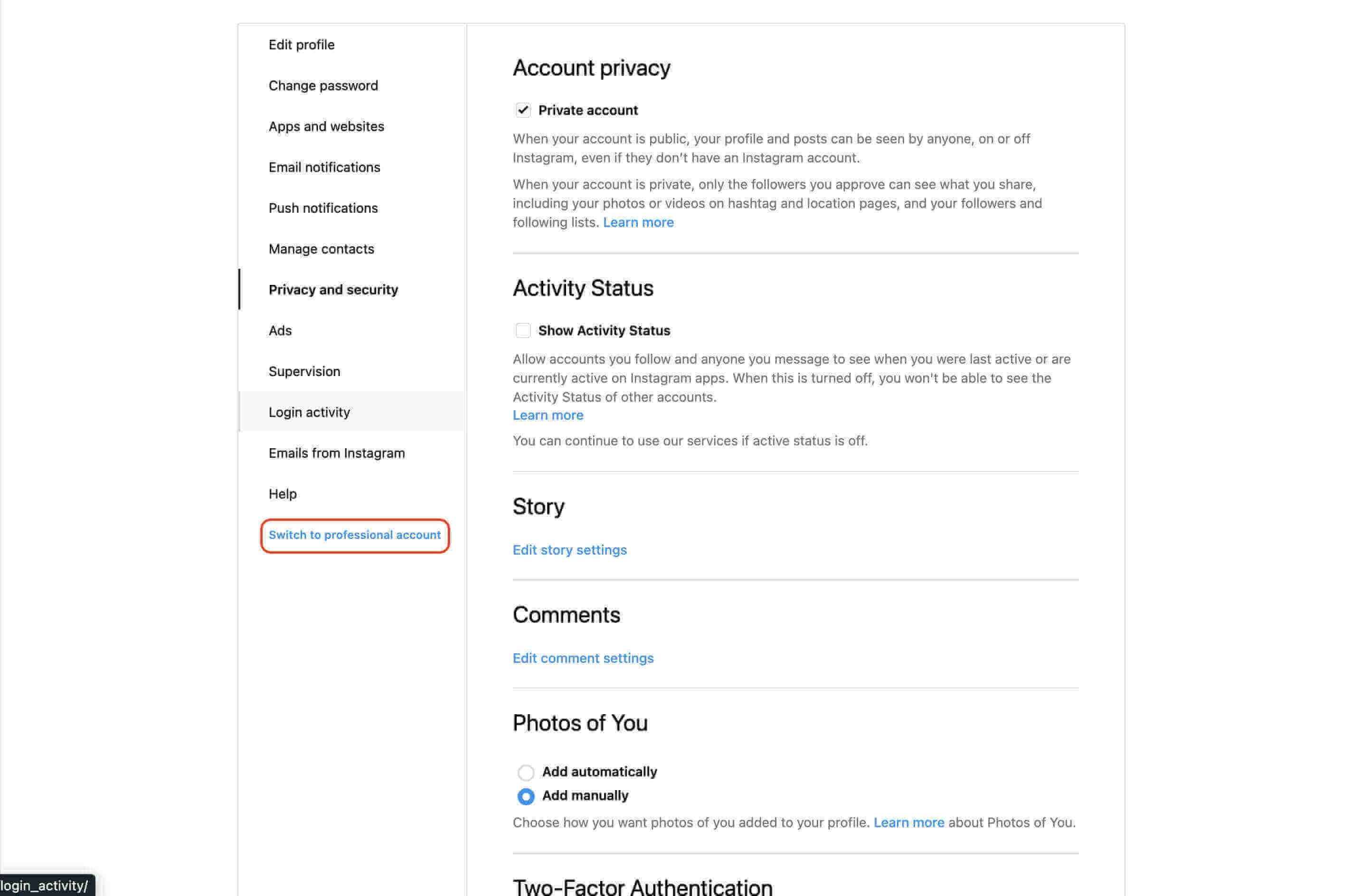 Shopify Instagram integration - Instagram Shopping Privacy menu