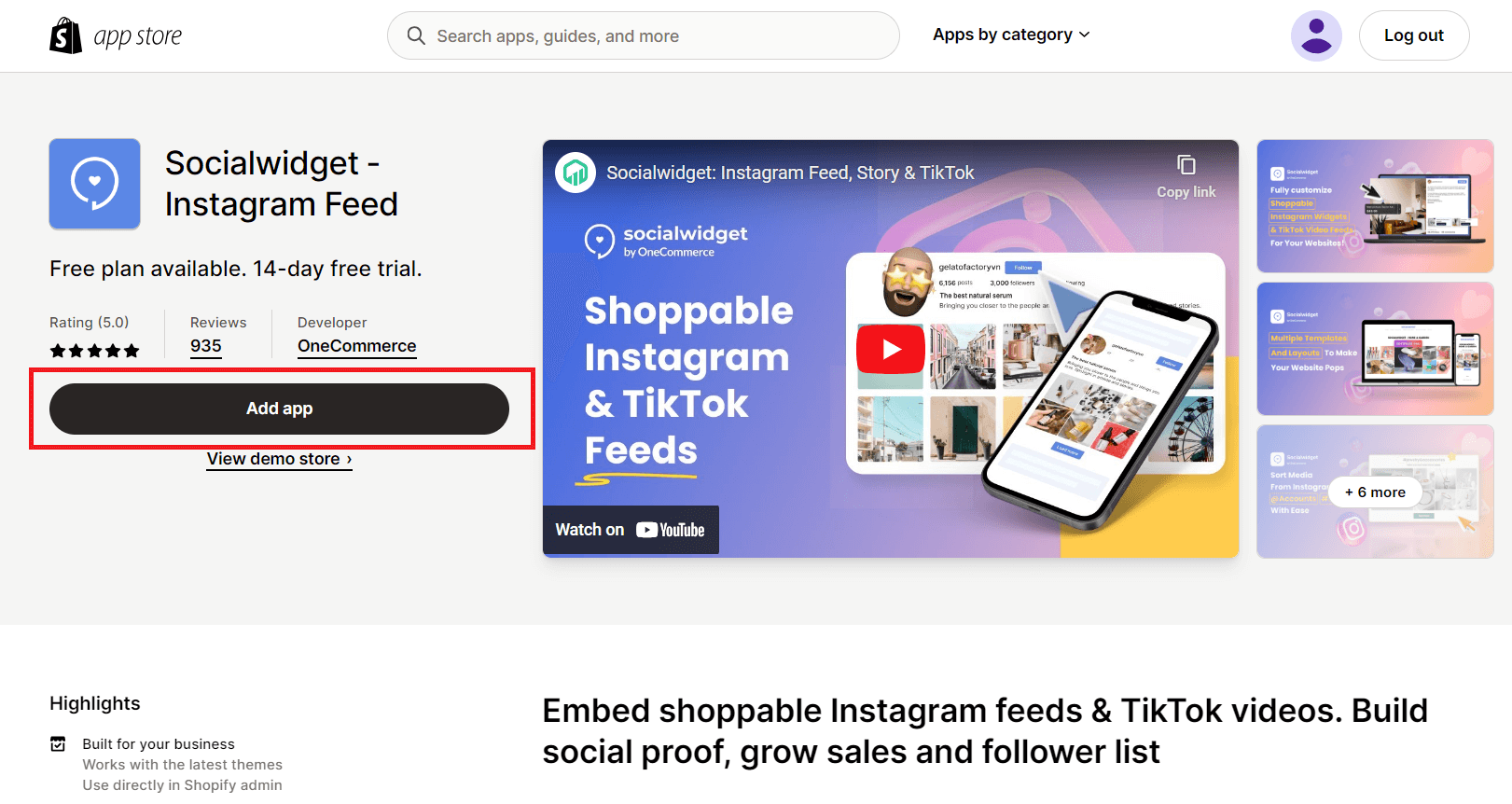 Add Socialwidget app to your Shopify store
