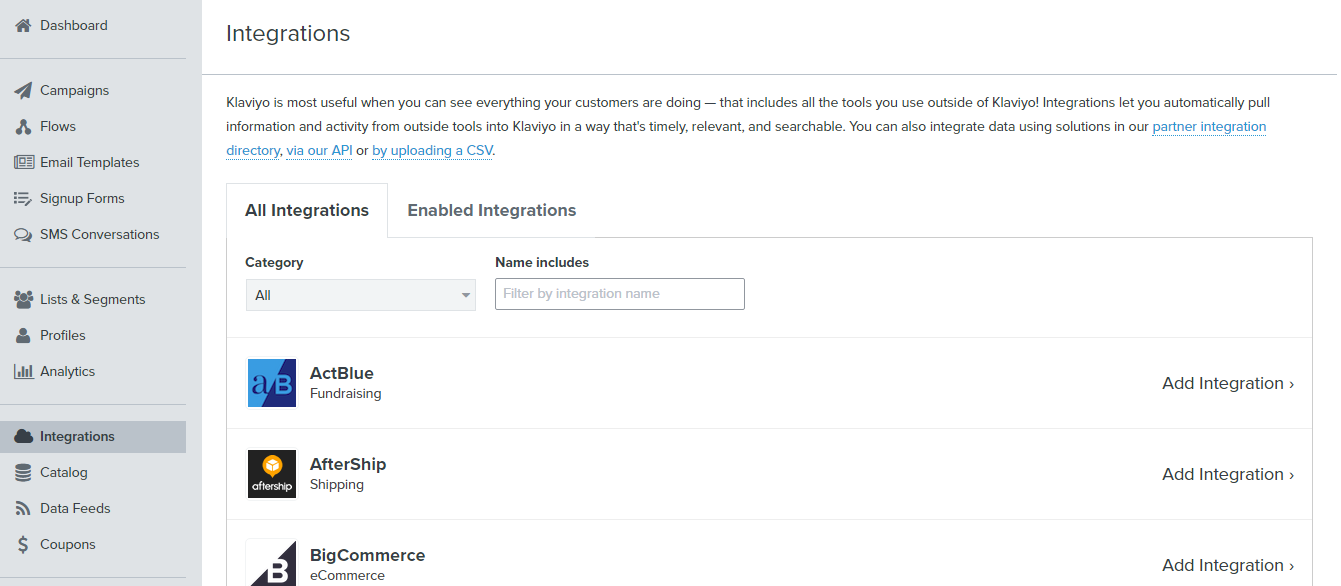 Klaviyo Shopify integration - Klaviyo Integrations tab