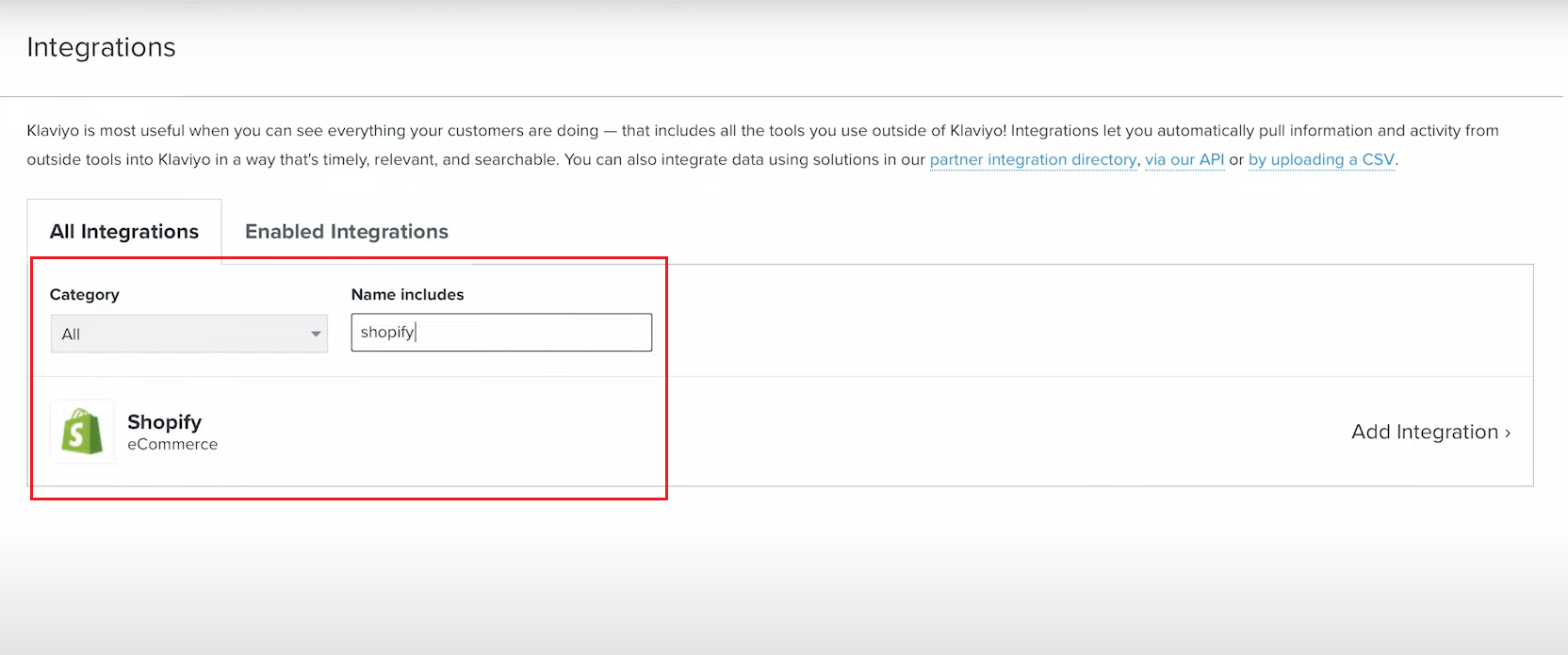 Klaviyo Shopify integration - Search for Shopify