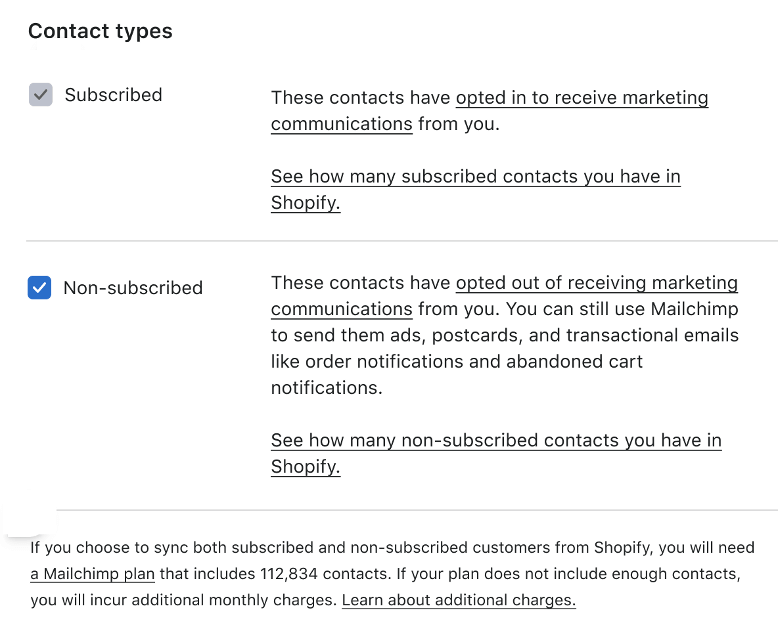 Mailchimp Shopify integration Sync settings Contact types