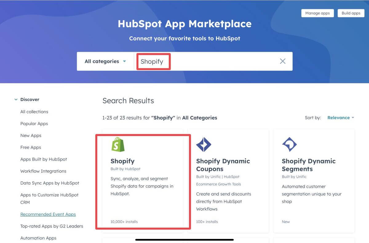 search for shopify in hubspot app marketplace