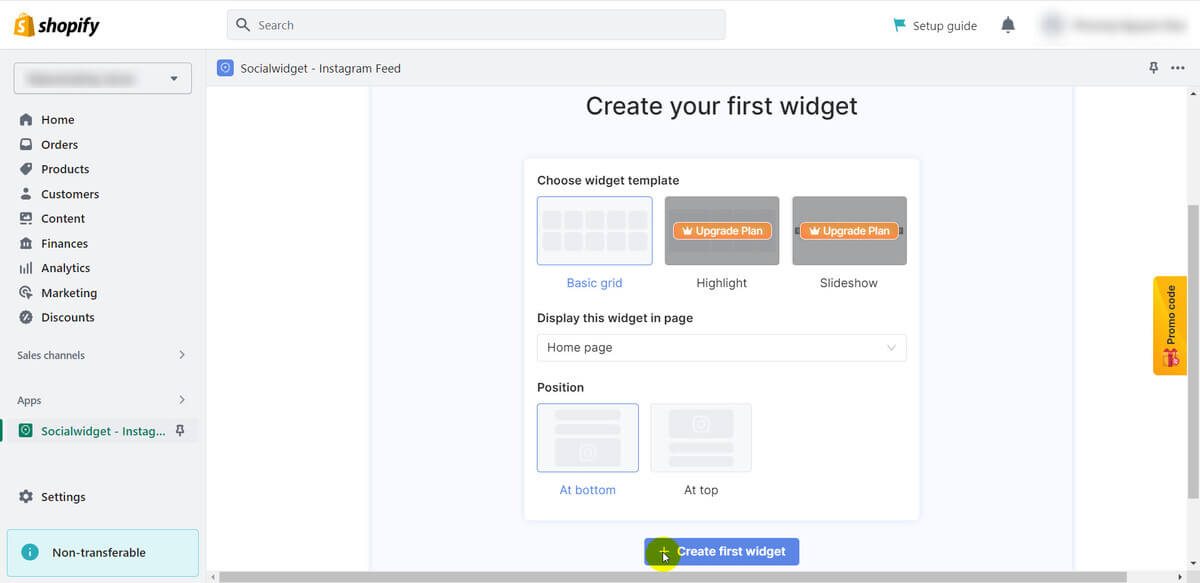 how to add instagram to shopify - create first widget