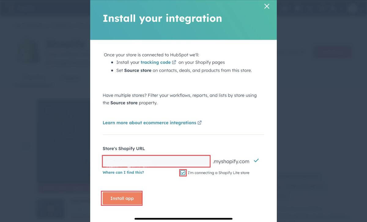 fill in shopify url and select install app