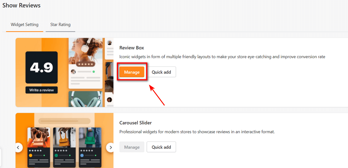 Click the Manage button to manage the review widget