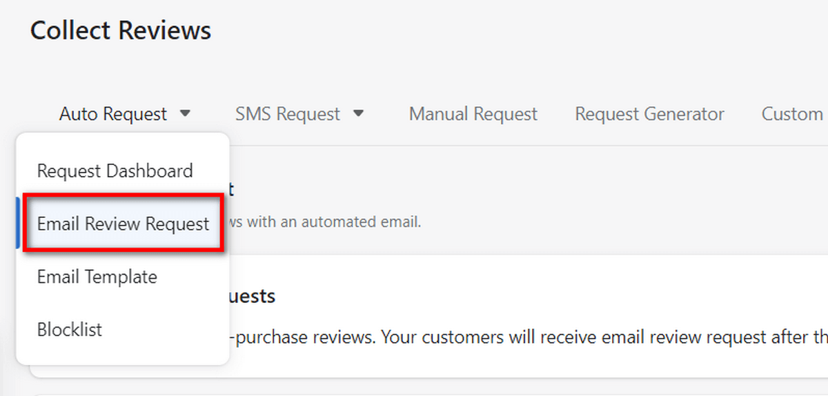 Enter the Email Review Request section to set up automated email